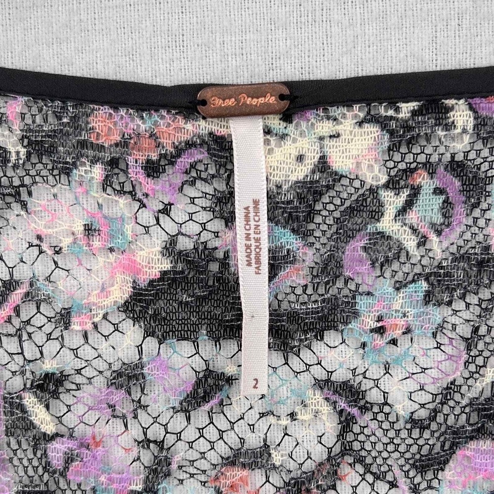 Free People Mini Dress Womens 2 Black Floral Lace Embroidered V-Neck Long Sleeve - Picture 9 of 16